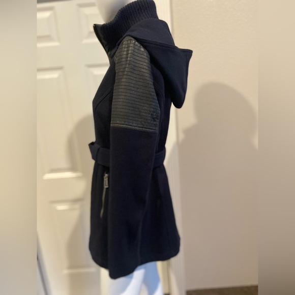 BCBGeneration~Navy & Black Faux Leather~Belted~Hooded~Pea Coat~Pockets~Size S - Picture 9 of 16